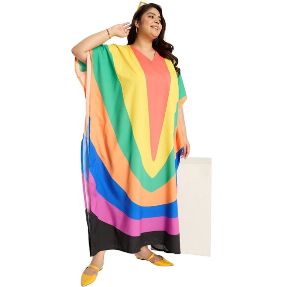 Gypsie Blu Women Rainbow Printed Kaftan Maxi Dress Kimono Sleeve Dress for Beach - Picture 8 of 9